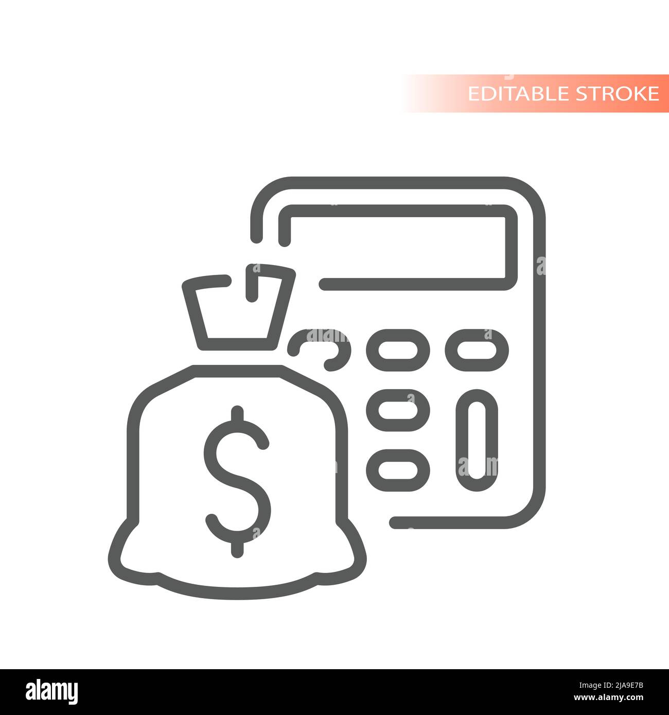 Calcolatrice e icona del vettore di linea del sacchetto di soldi. Finanza, investimento con simbolo. Illustrazione Vettoriale
