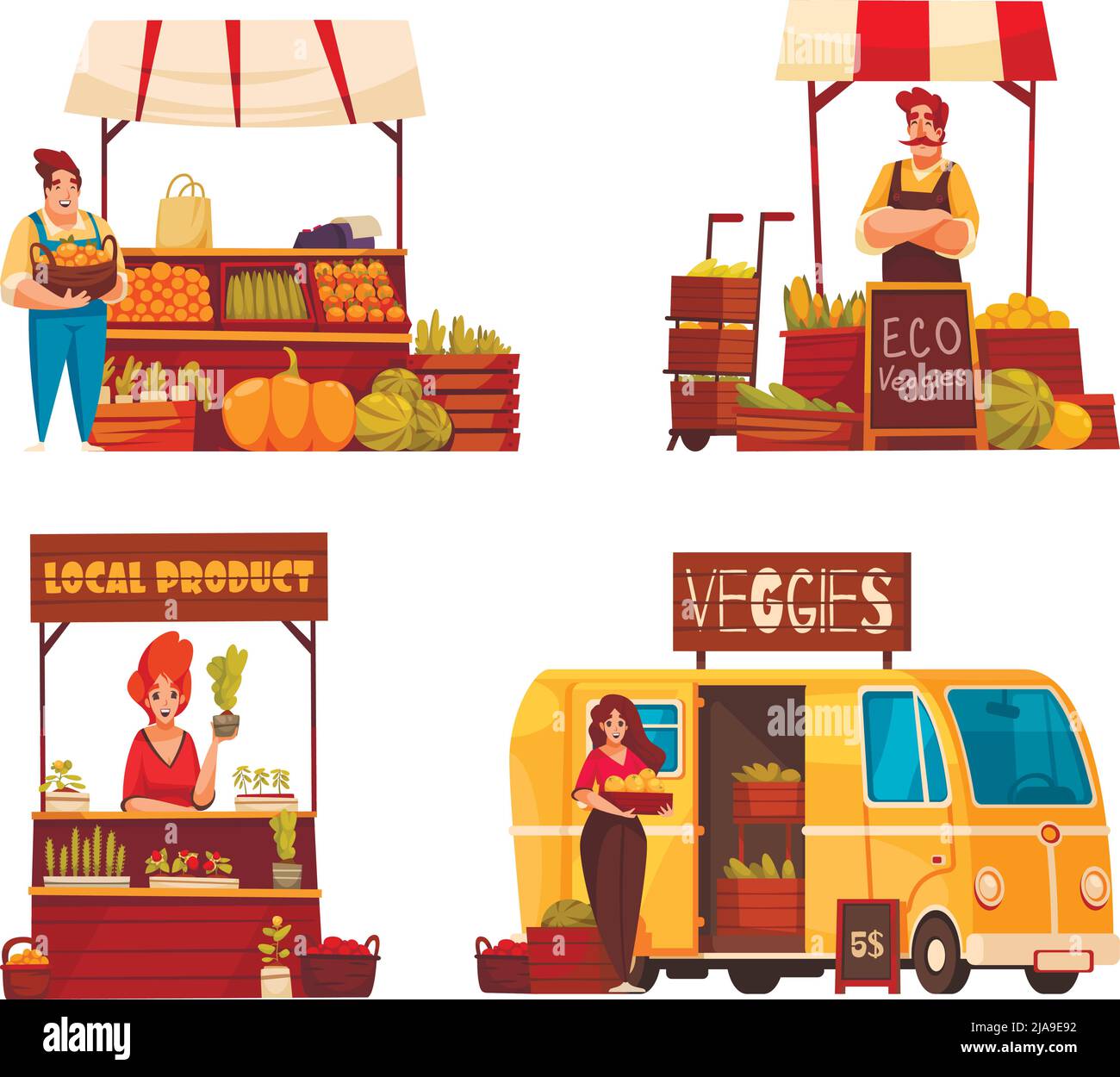 Street fair 2x2 design concept set di agricoltori locali che vendono prodotti ecologici all'aperto in estate tende fumetto illustrazione vettoriale Illustrazione Vettoriale