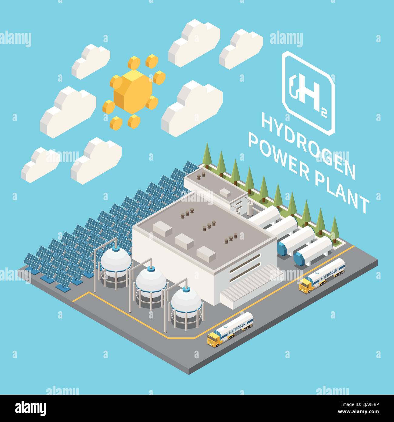 Impianto di generazione di energia a idrogeno verde impianto elettrolisi esterna cilindri costruzione tubazioni pannelli solari visualizzazione isometrica illustrazione vettoriale Illustrazione Vettoriale