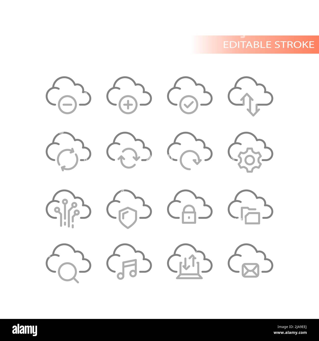 Set di icone del vettore di archiviazione dati cloud. Caricare, scaricare icone di condivisione del servizio. Illustrazione Vettoriale