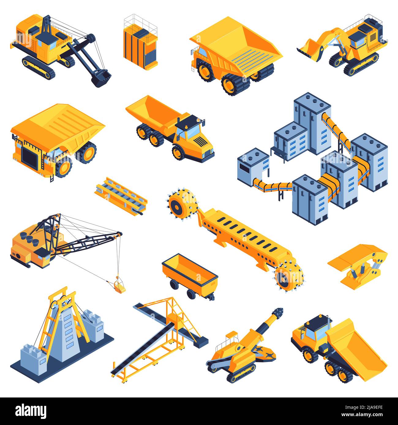 Industria mineraria ore frantumazione minerali estrazione attrezzature dragline escavatore lavorazione impianti trasporto macchinari isometrici set vettoriale illustra Illustrazione Vettoriale