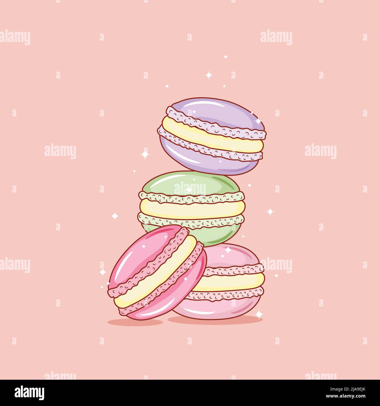 Pila di macaron colorato, torta di mandorle di macaroon, disegno stile vettoriale illustrazione . Impila, mucchio di macaron di mandorle colorate, biscotti di amaretto, dolce Illustrazione Vettoriale
