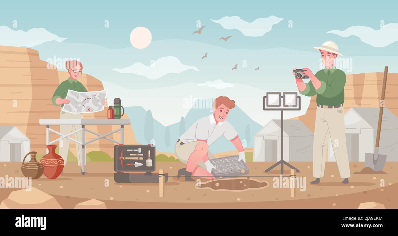 Archeologia cartoon composizione con paesaggio all'aperto e vista del sito archeologico con persone lavoratrici e strumenti di illustrazione vettoriale Illustrazione Vettoriale
