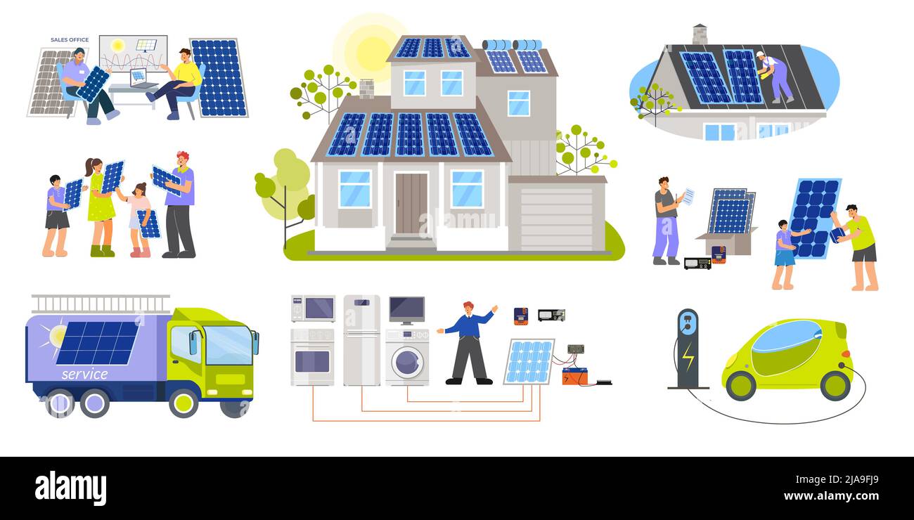 Set di icone isolate casa solare piatta con personaggi di addetti ai servizi veicoli elettrici e tetti illustrazione vettoriale Illustrazione Vettoriale