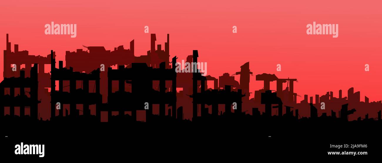 Città rovinata. Rosso orizzonte nebuloso. Apocalisse naturale o guerra. Triste paesaggio di distruzione. Vettore. Illustrazione Vettoriale