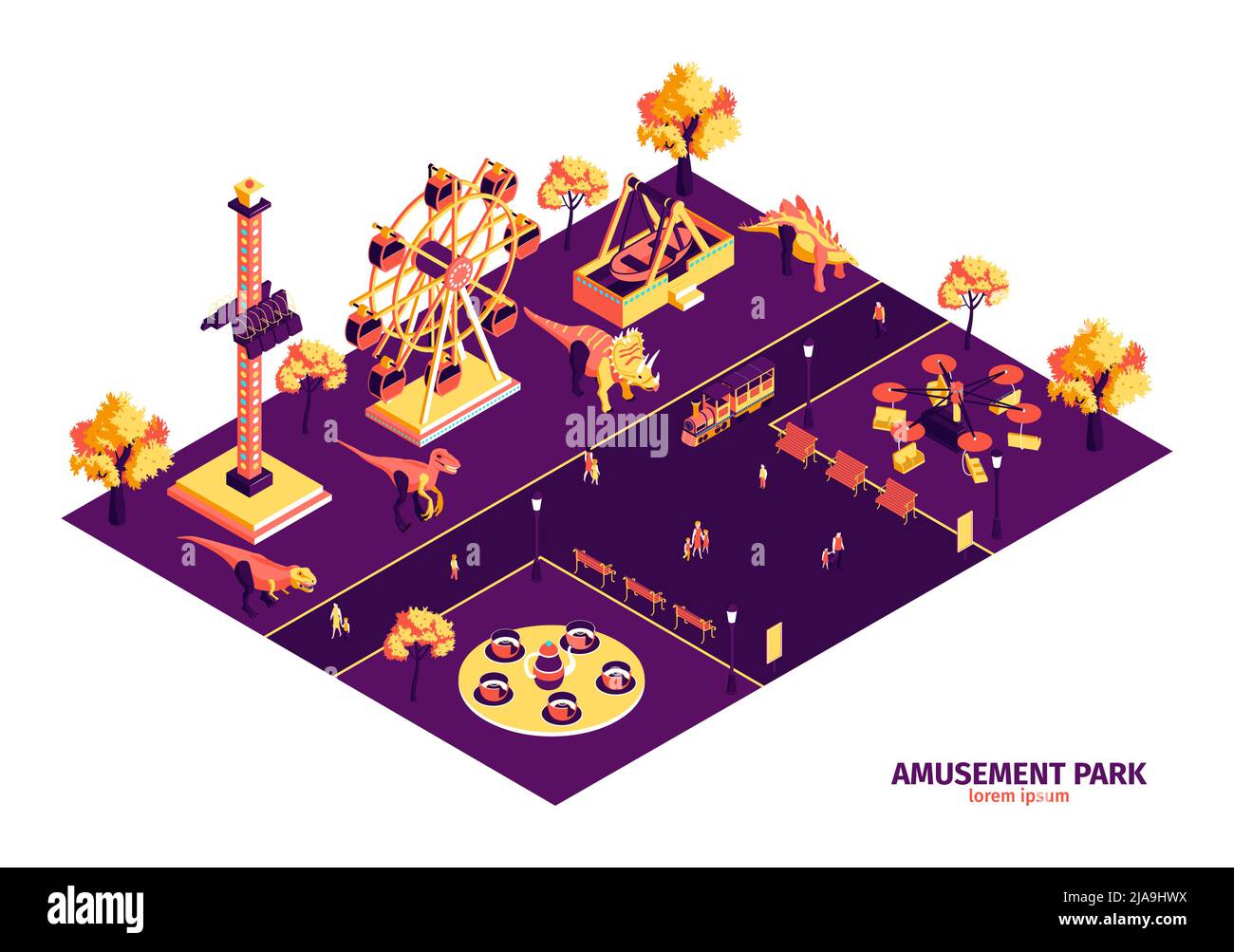 Parco divertimenti con dinosauri e simboli delle attrazioni illustrazione vettoriale isometrica Illustrazione Vettoriale