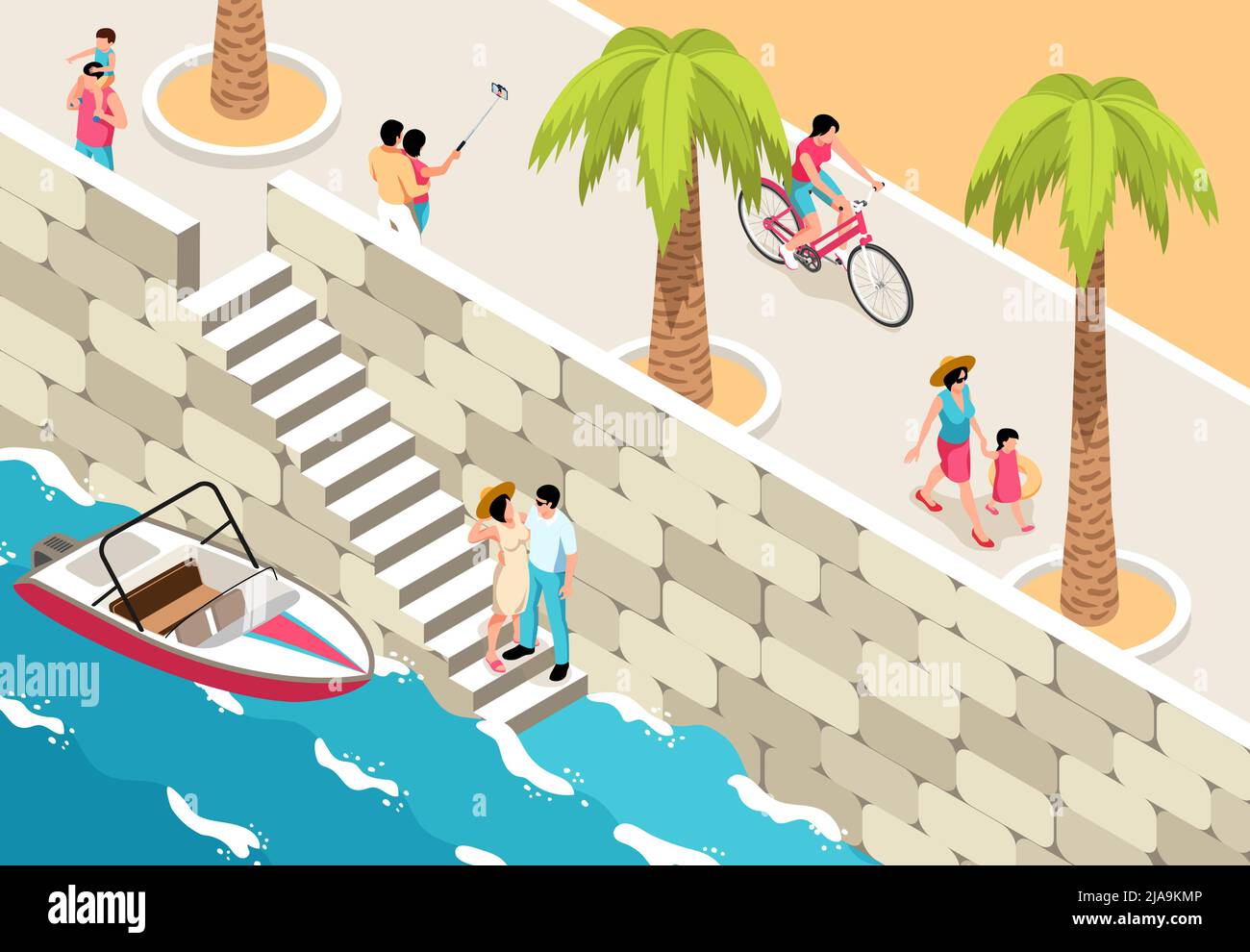 Vacanza isometrica mare orizzontale composizione con paesaggio di passeggiata all'aperto con persone e scale a cutter barca vettore illustrazione Illustrazione Vettoriale