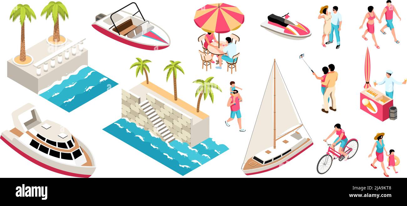 Vacanza isometrica mare color set di icone isolate con palme da argine barche a vela e felice turisti illustrazione vettoriale Illustrazione Vettoriale