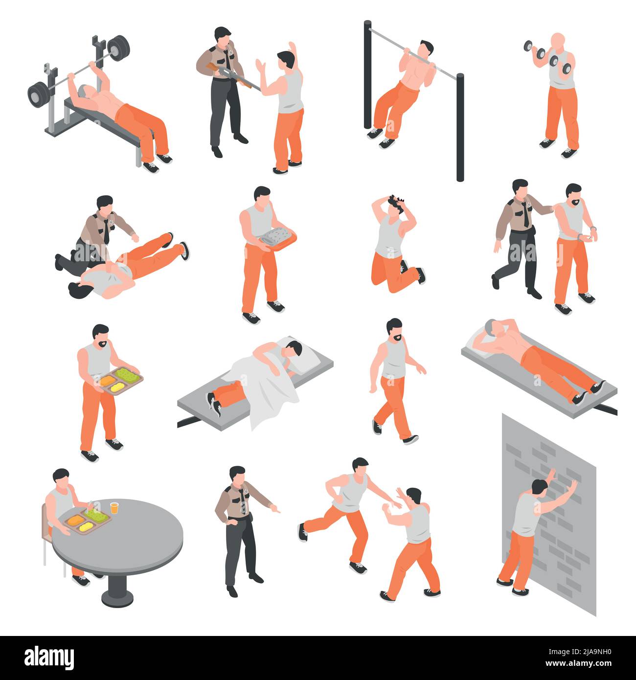 Icone isometriche della prigione insieme di poliziotto che offende il guardiano e personaggi prigionieri isolato illustrazione vettoriale Illustrazione Vettoriale