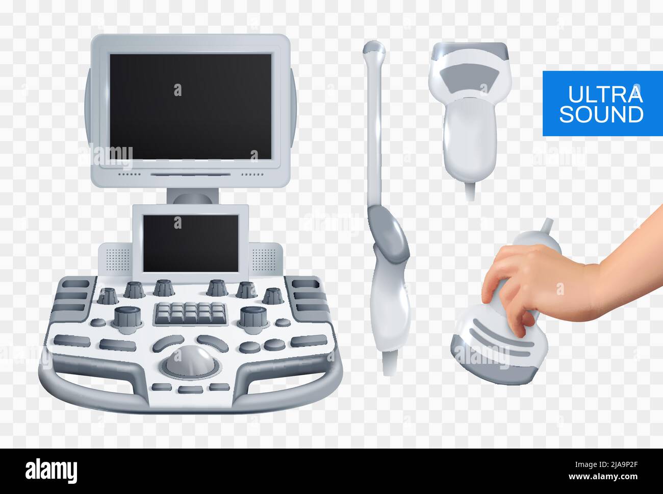 Sistema di progettazione realistica a ultrasuoni di apparecchiature mediche per il controllo ultrasonografico su sfondo trasparente illustrazione vettoriale isolata Illustrazione Vettoriale