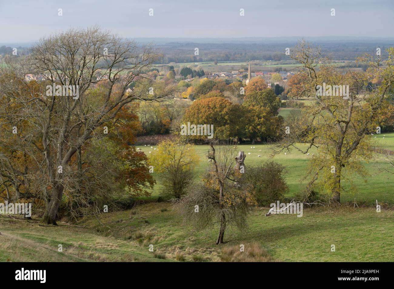 North Cotswold paesaggio con la chiesa di Mickleton sullo sfondo, Gloucestershire, Inghilterra. Foto Stock
