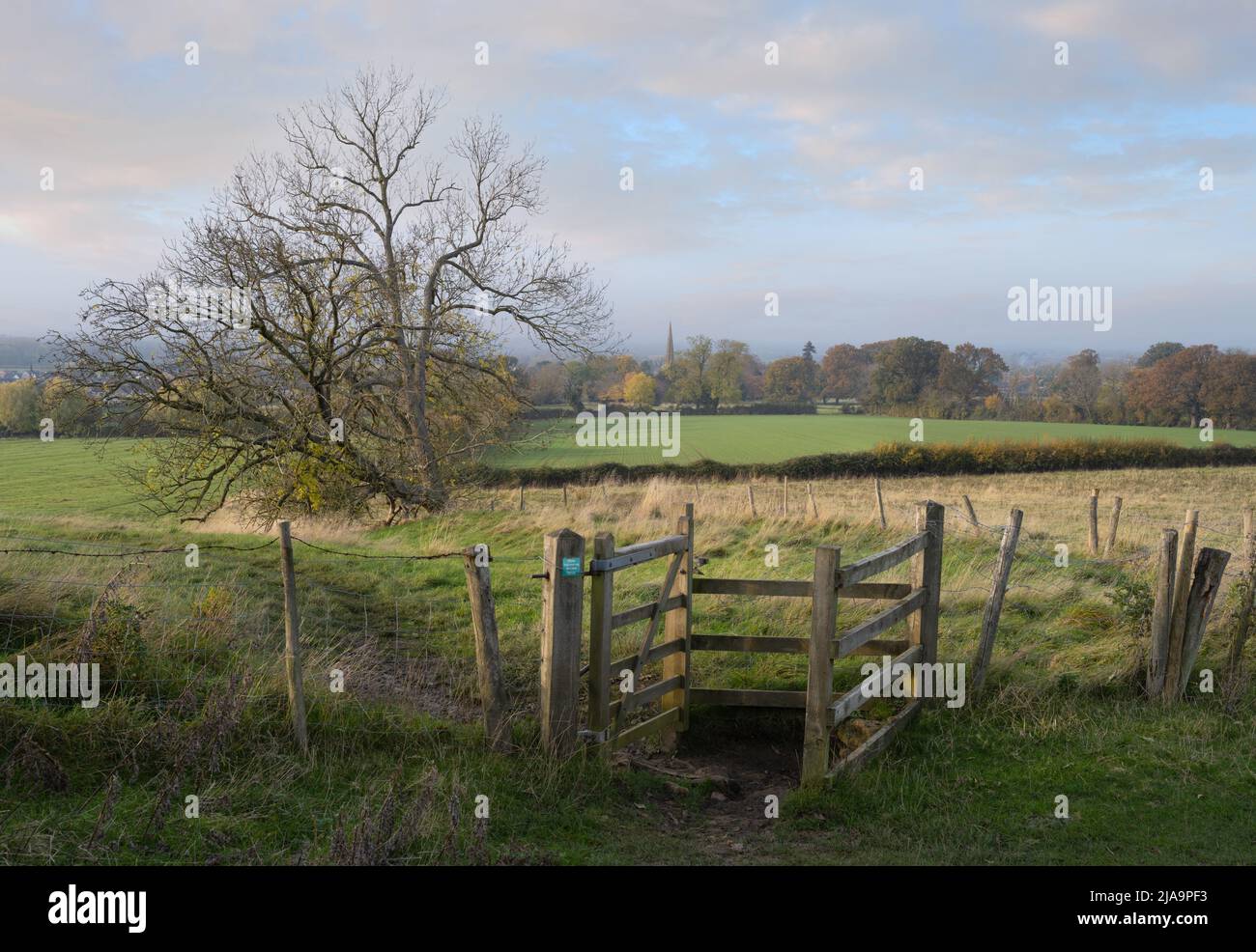 North Cotswold paesaggio con la chiesa di Mickleton sullo sfondo, Gloucestershire, Inghilterra. Foto Stock