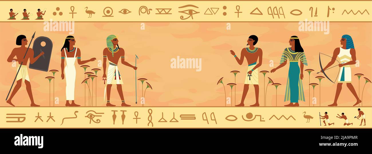 Antica composizione della società egiziana con vista orizzontale di caratteri umani piatti con cornice e geroglifici scritti illustrazione vettoriale Illustrazione Vettoriale