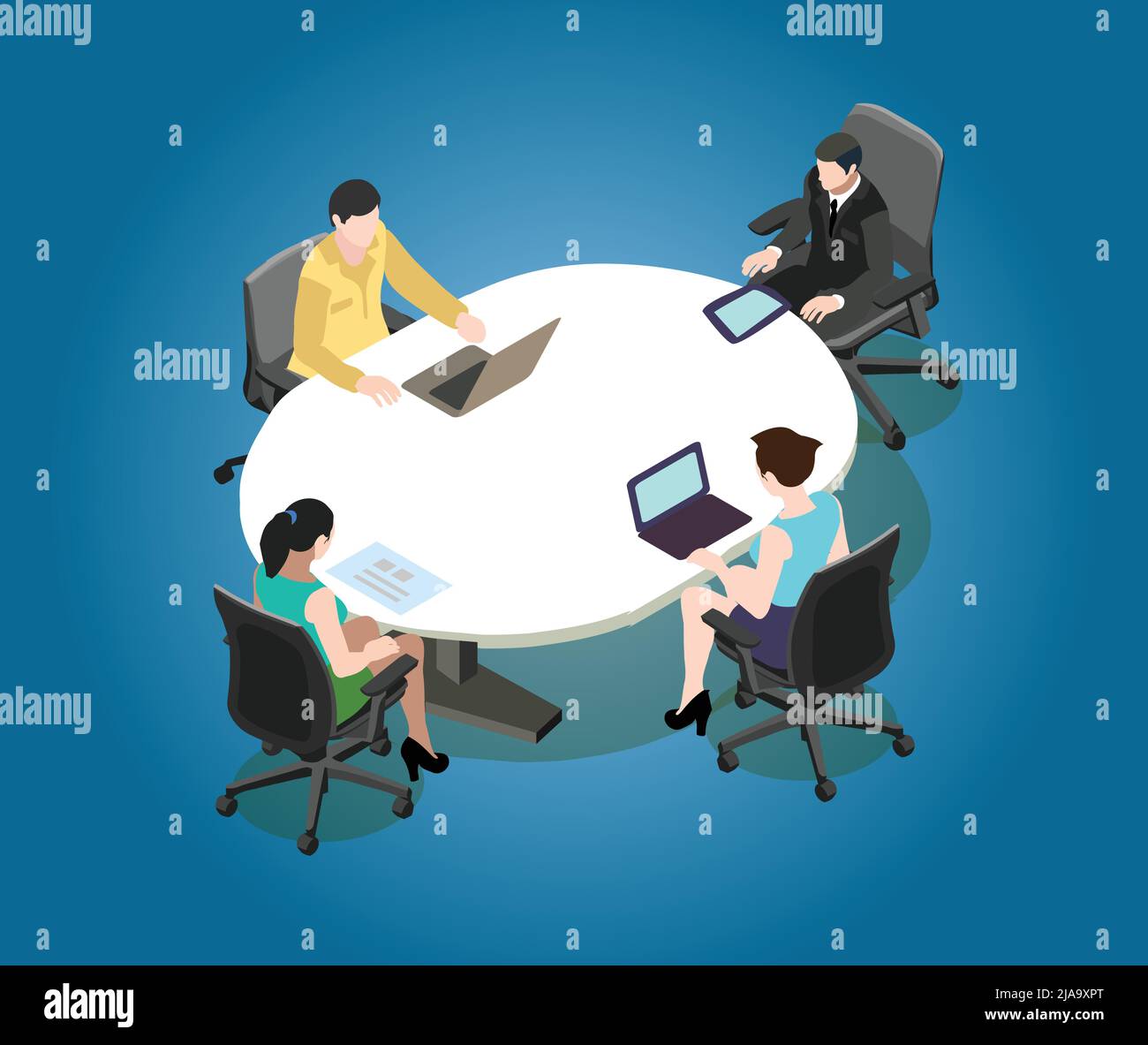 Sala riunioni a quattro posti. Illustrazione vettoriale della sala riunioni d'ufficio. Le persone lavorano insieme in una sala conferenze. Illustrazione Vettoriale