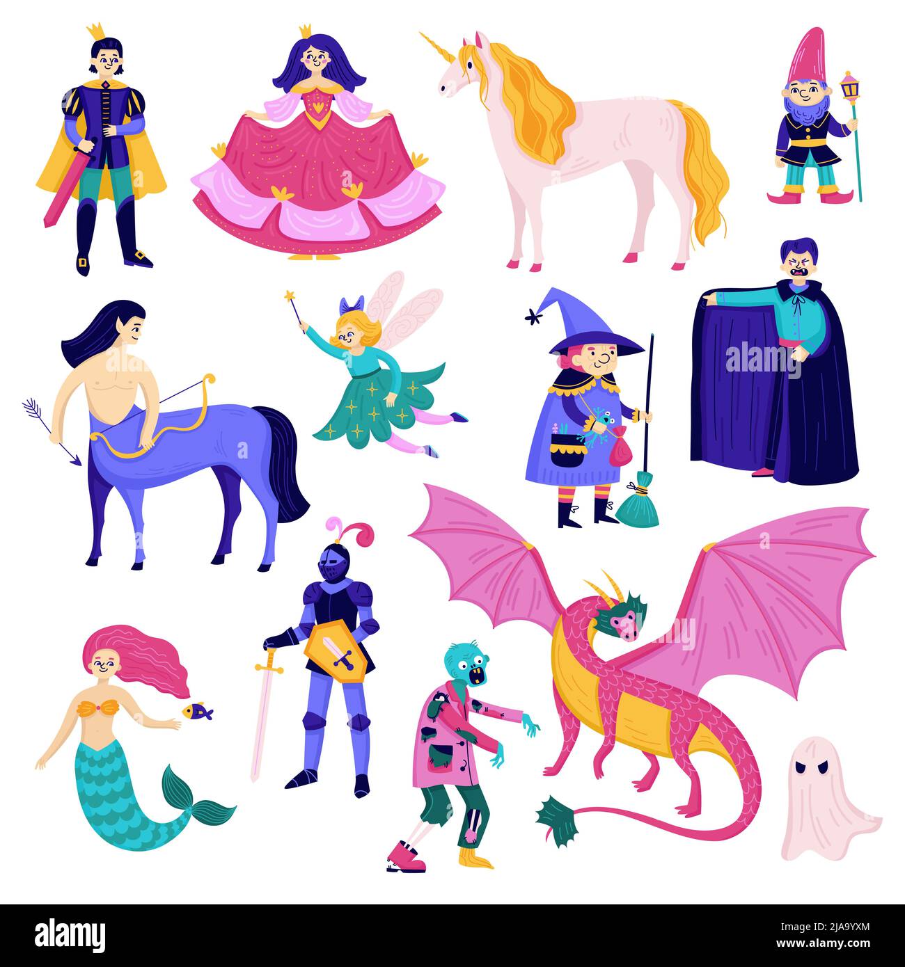 Icona personaggi fiaba set con unicorno gnome wizard drago zombie fantasma e fata vettore illustrazione Illustrazione Vettoriale