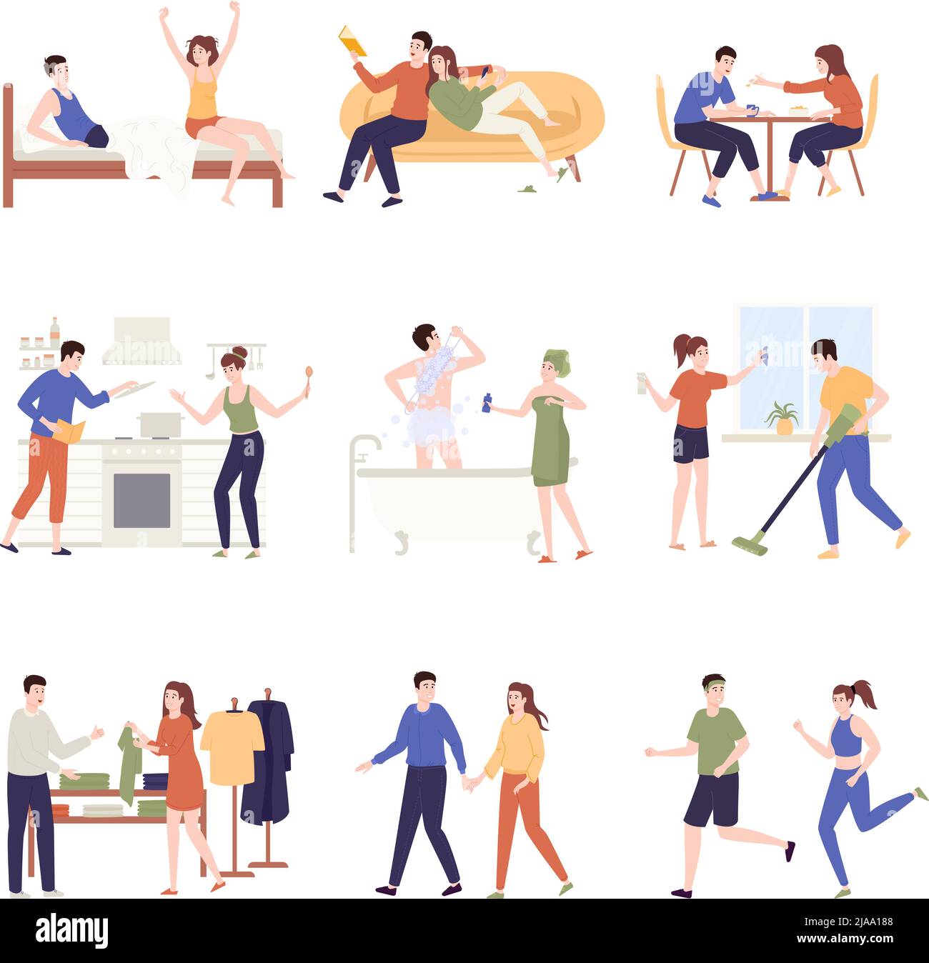 Coppia insieme di vita quotidiana con simboli di routine piatta isolato illustrazione vettoriale Illustrazione Vettoriale