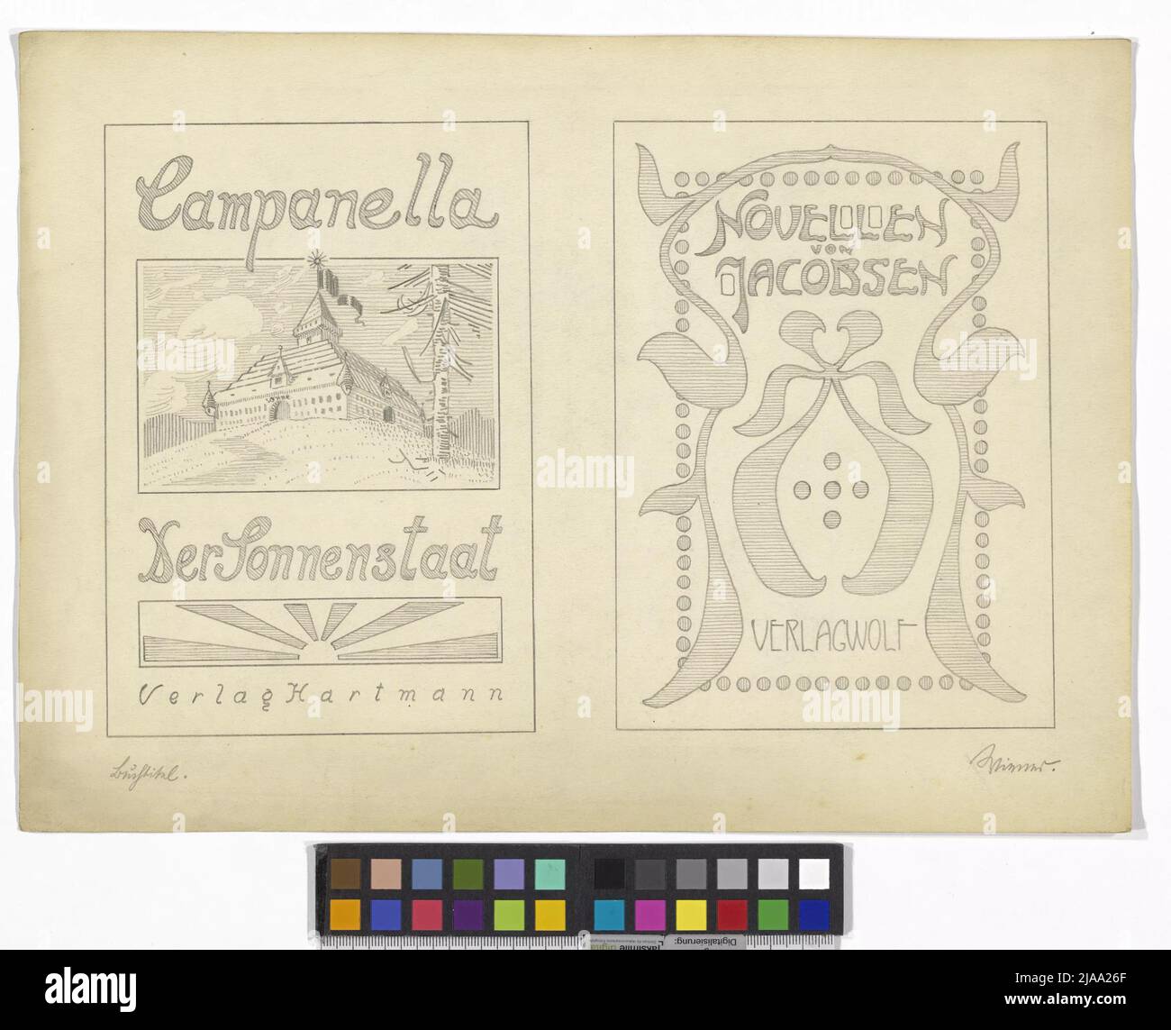Design Buchtitel Campanella / il Sonnenstate / Verlag Hartmann; Noven/ Jacobsen/ Verlag Wolf '. Karl Wiener (1901-1949), artista grafico Foto Stock
