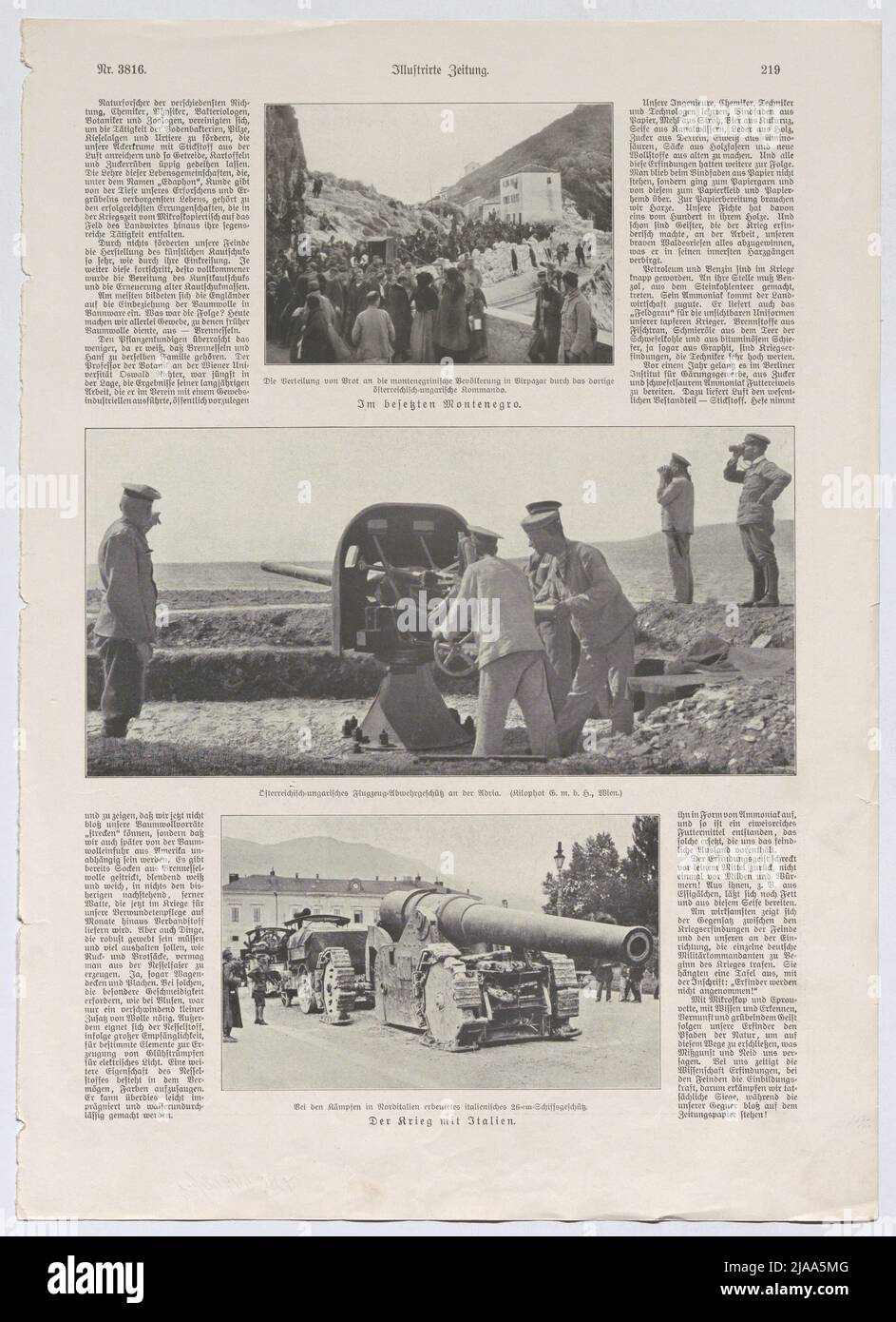 Estratto dal Leipziger 'Illustrirte Zeitung' No. 3816 del 17 agosto 1916, pag. 219: Distribuzione di Brot in Montenegro / cannone aereo all'Adriatico / cannone nave italiana catturato. Sconosciuto Foto Stock