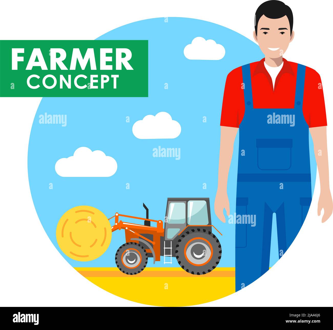 Concetto di raccolto. Illustrazione dettagliata del conducente, dell'agricoltore e dell'operatore in tute su sfondo con il trattore sul campo in stile piano. Vettore illustrati Illustrazione Vettoriale