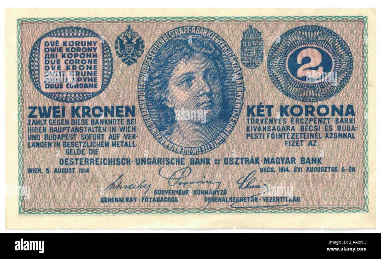 Banconota, 2 corone. Rudolf Rössler (1864-1934), artista, Banca Austriaco-Ungherese, autorità Mint, Josef Pfeiffer (1864-1915), Artista Foto Stock