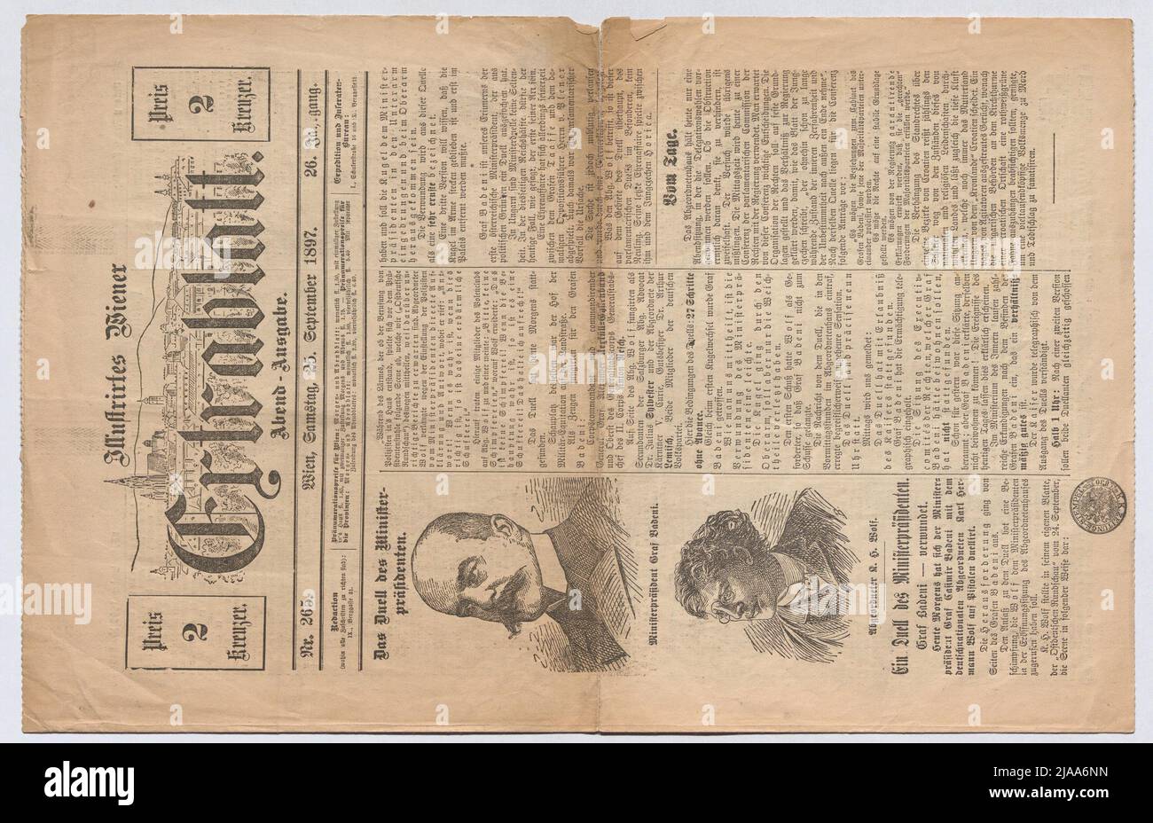 "Il duello del primo Ministro”. Estratto dall'estratto illustrato dell'estratto viennese, edizione serale del 25 settembre 1897: Duello del primo Ministro Karl Felix Badeni con il MP Karl Hermann Wolf il 25 settembre 1897. Sconosciuto Foto Stock