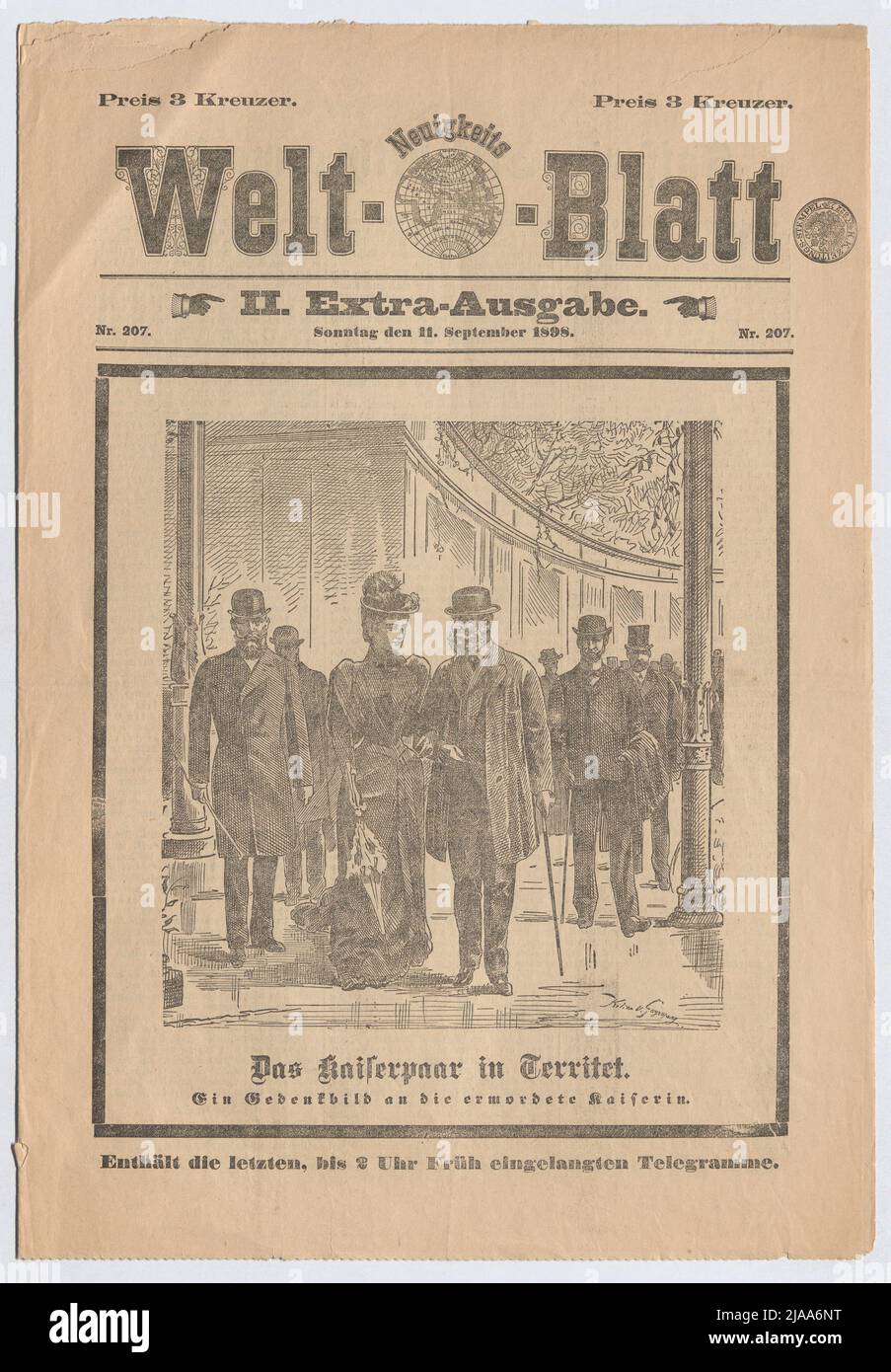 Edizione extra del 'novembre World Blatt' del 11 settembre 1898 per omicidio l'imperatrice Elisabetta. Franz Xaver Kilian von Gayrsperg (1854-1907), illustratore Foto Stock