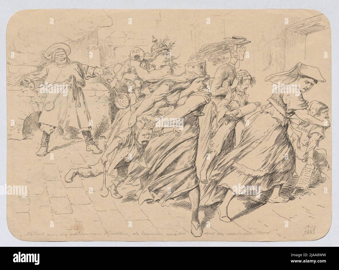 'Basta prendere il bambino cattivo, vengono alla mia stufa più tardi!' Estratto di giornale con caricatura (sulla crisi balcanica 1912/13): Germania, Austria, Inghilterra e Italia, i 'bambini' stanno trascinando Bulgaria, Serbia, Grecia e Albania dalla cucina della Russia. Sconosciuto Foto Stock