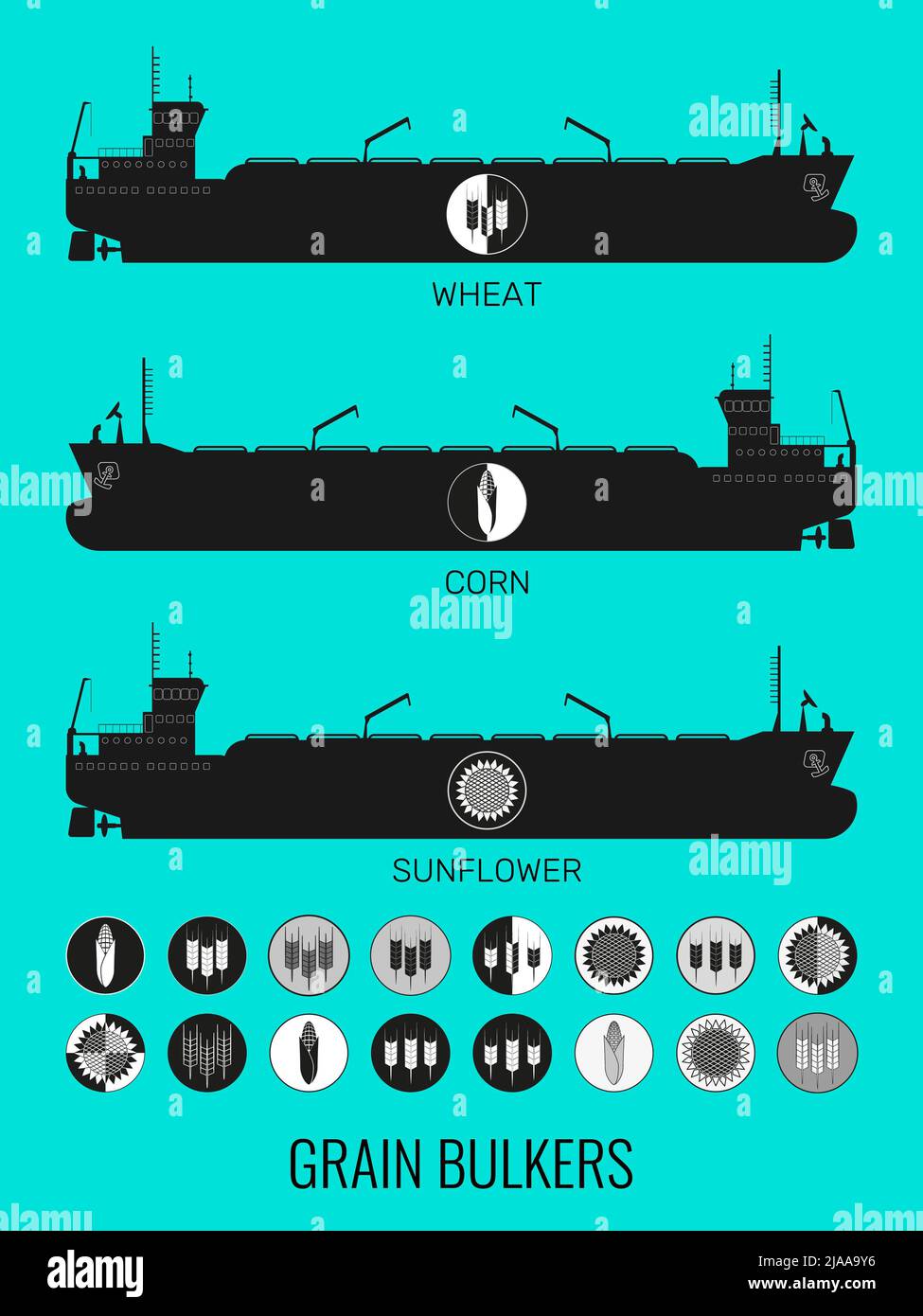 Set di icone di portarinfuse per il trasporto di cereali alla rinfusa e icone di cereali, mais, girasole. Costruttore per la progettazione. Illustrazione Foto Stock