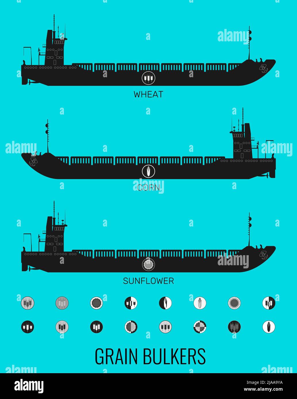 Set di icone di portarinfuse per il trasporto di cereali alla rinfusa e icone di cereali, mais, girasole. Costruttore per la progettazione. Illustrazione Foto Stock