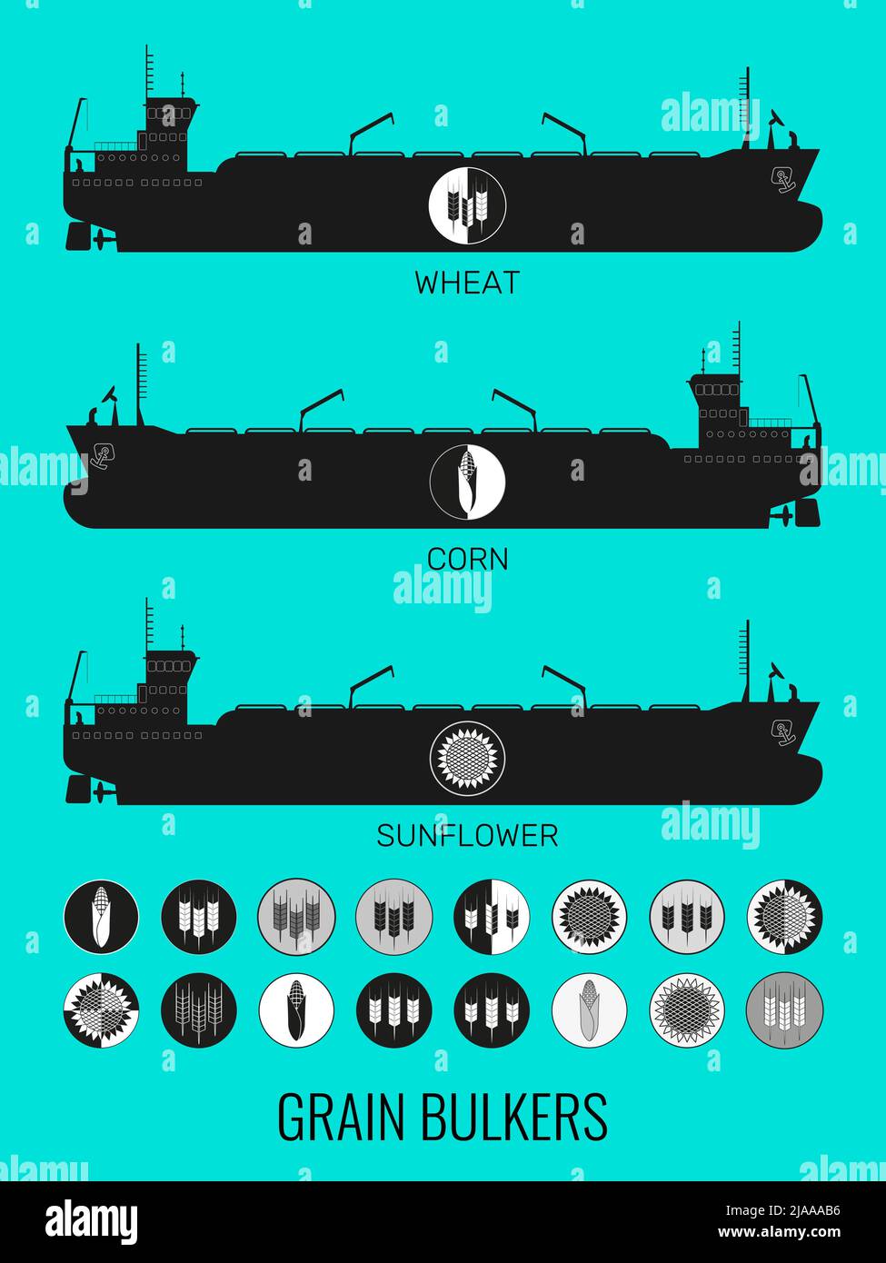Set di icone di portarinfuse per il trasporto di cereali alla rinfusa e icone di cereali, mais, girasole. Costruttore per la progettazione. Illustrazione Illustrazione Vettoriale