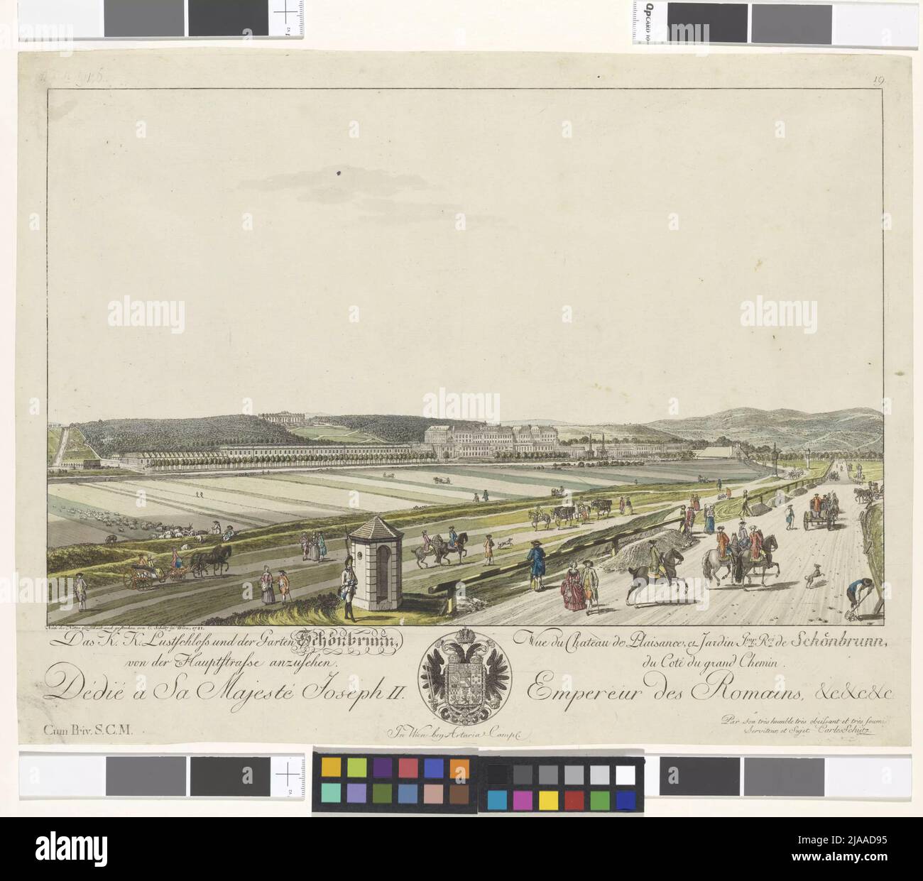 Per vedere il K. Lustschloss e il giardino Schönbrunn dalla strada principale. ' /' Vue du Chateau de Plaisance, et Jardin Imp. ROI. De Schönbrunn, du Coté du Grand Chemin '(bilancio 1st). Carl Schütz (1745-1800), artista, Artaria & Co. Verlag, casa editrice Foto Stock