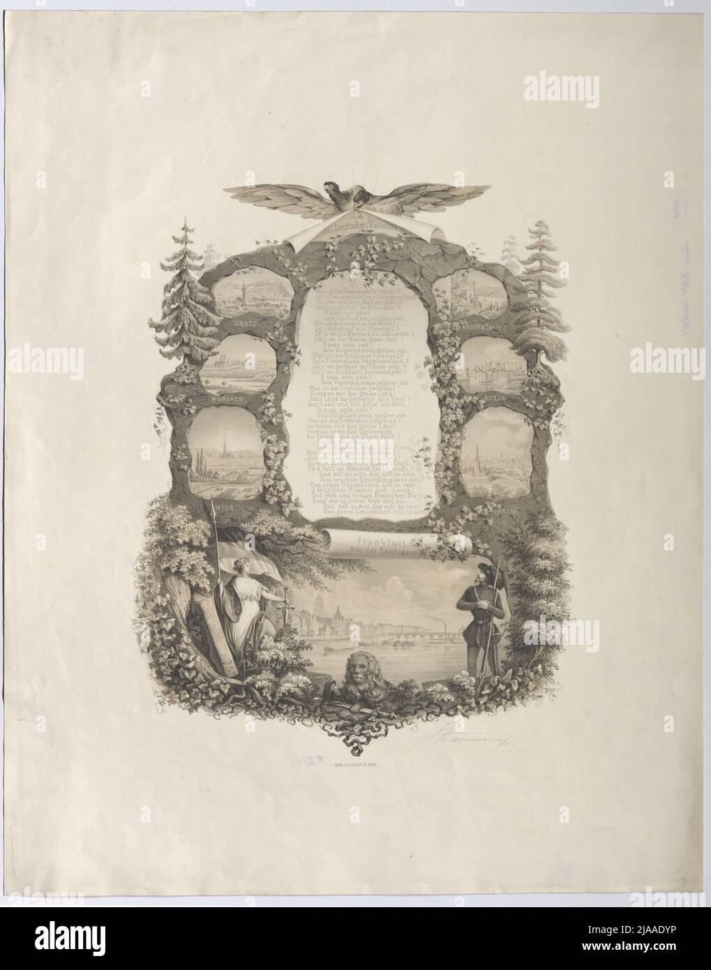 'Della Patria tedesca' (testo della canzone, incorniciata da vedute delle città tedesche e austriache), 1848. J. Havemann, litografo, Johann Rauh (1803-1863), stampante Foto Stock