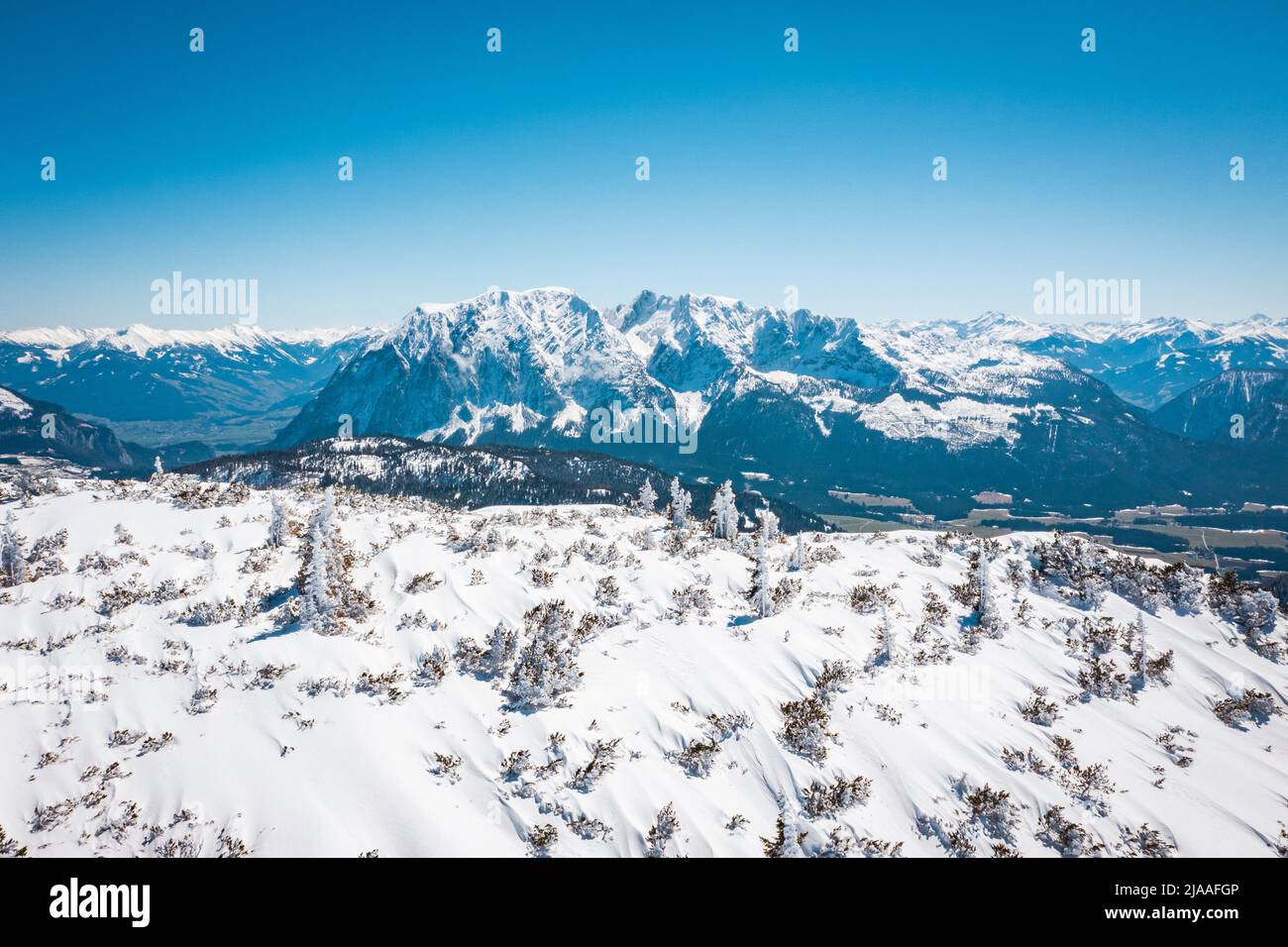 Montagna Grimming in Stiria. Vista da Tauplitzalm a Steiermark, Alpi europee Foto Stock
