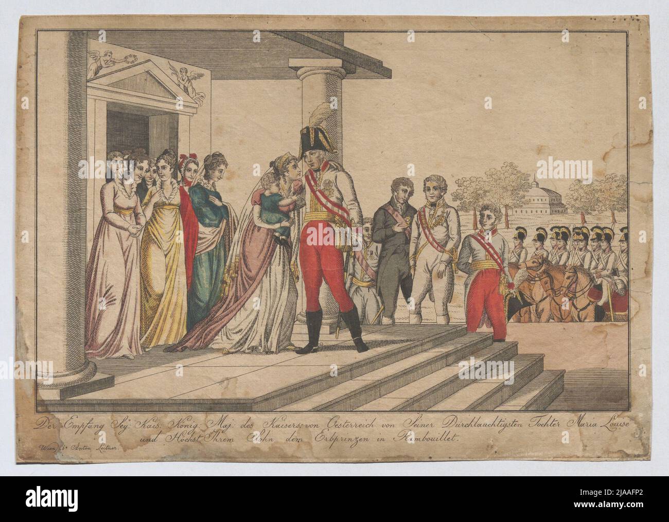 "L'accoglienza ... dell'imperatore d'Austria dalla figlia più punita Maria Louise e dal figlio Höchst al principe ereditario di Rambouillet." Ricezione dell'imperatore Franz i da parte di Marie Louise a Rambouillet il 16 aprile 1814. Anton Leitner (1784-1856), etcher Foto Stock