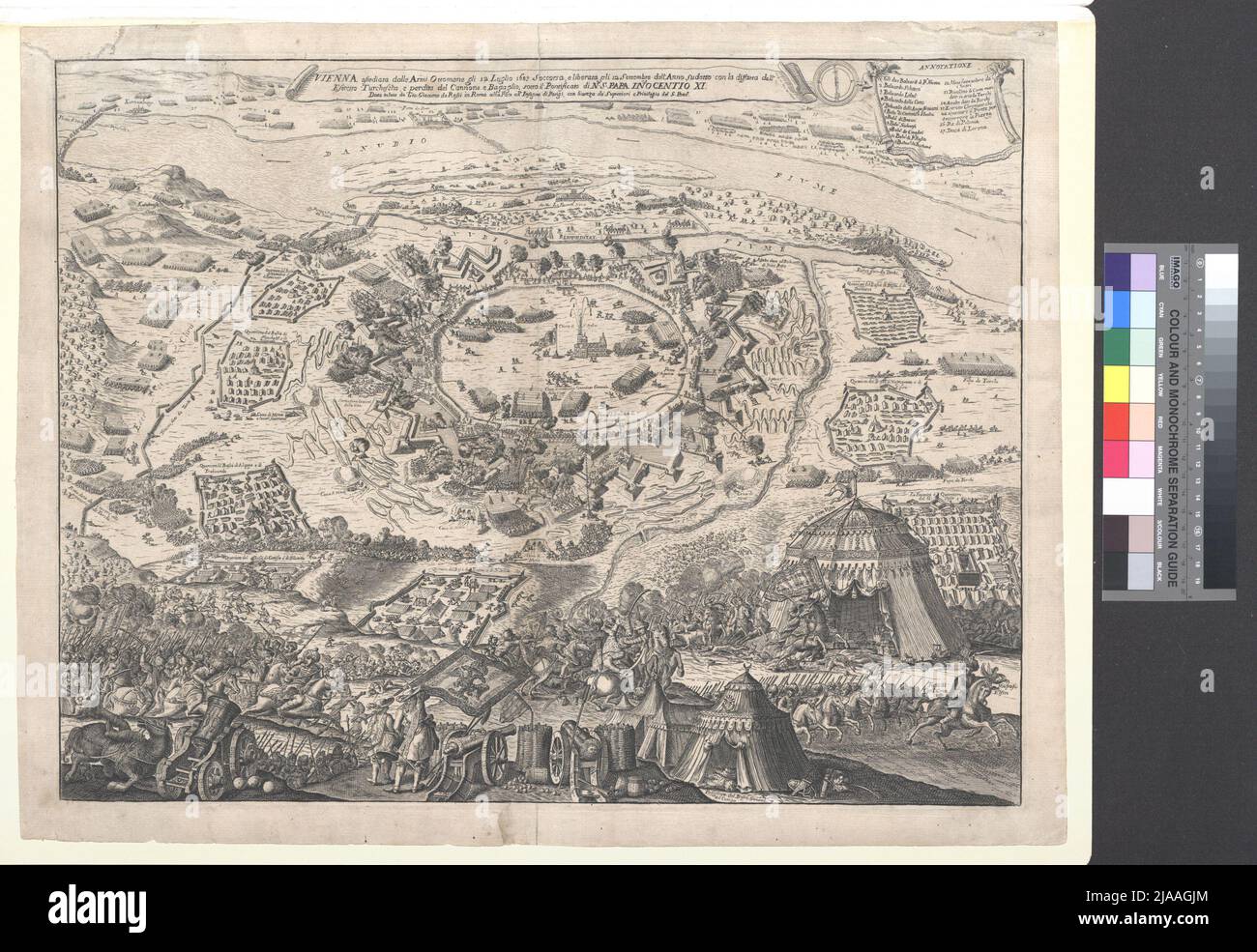 Vienna assediata da armi ottomane '. Das Belagerte Wien 1683. Giovanni Giacomo De Rossi (1627-1691), incisore in rame Foto Stock