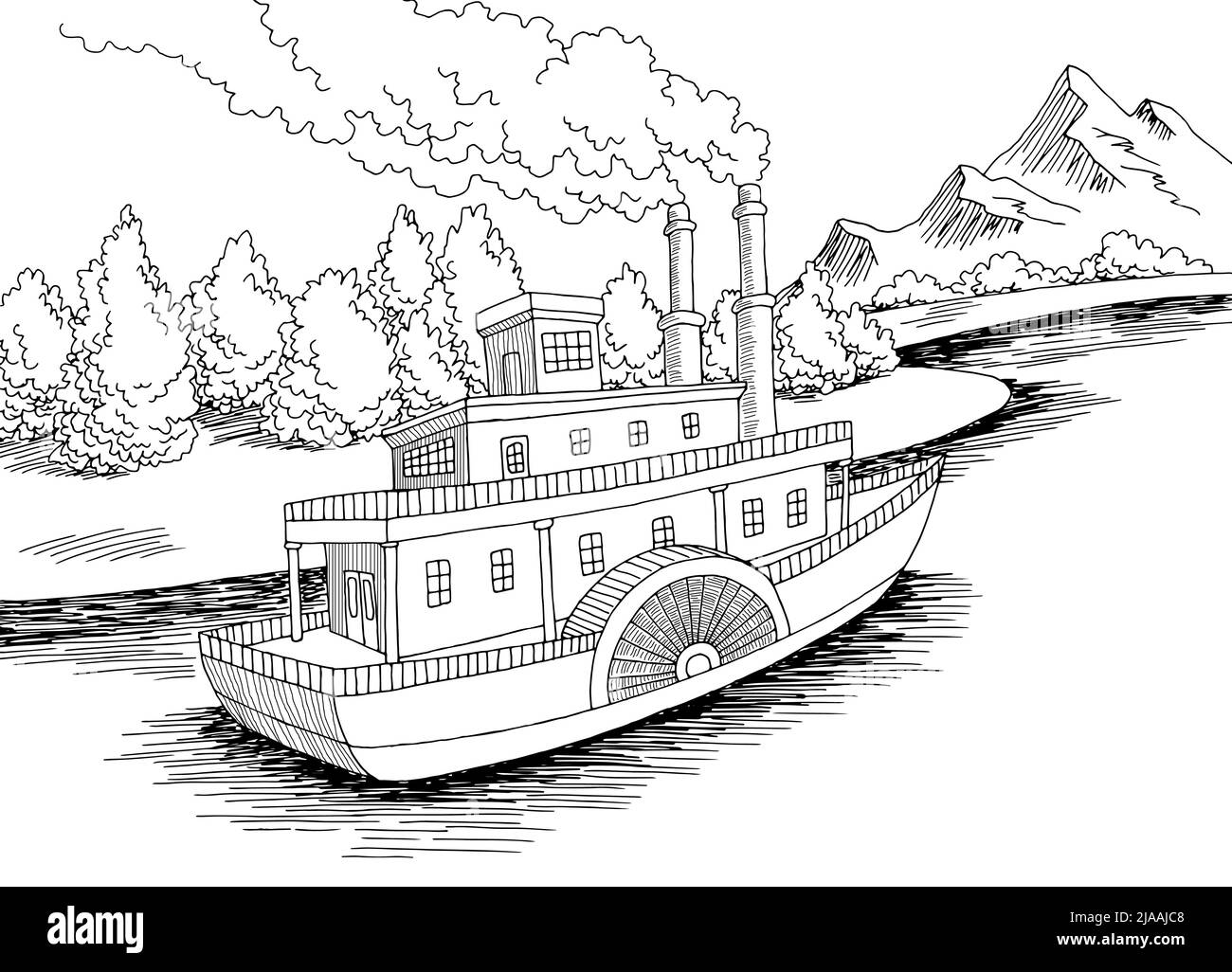 Vaporetto a pale nave grafico bianco nero paesaggio disegno vettore Illustrazione Vettoriale