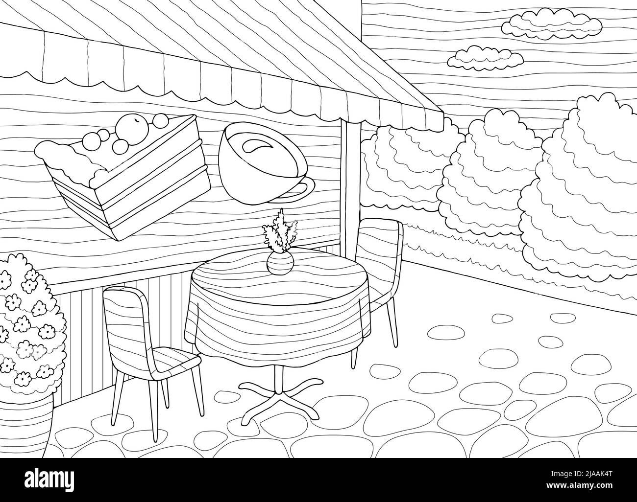 Street cafe colorare grafico bianco e nero disegno vettore illustrazione Illustrazione Vettoriale