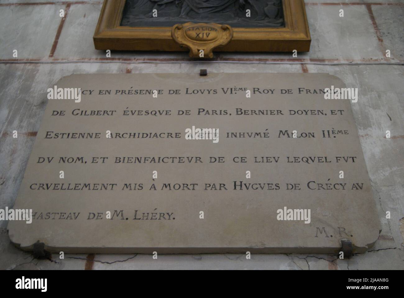 Basilique de Longpont sur Orge, une Plaque commémorative, Essonne, Francia Foto Stock