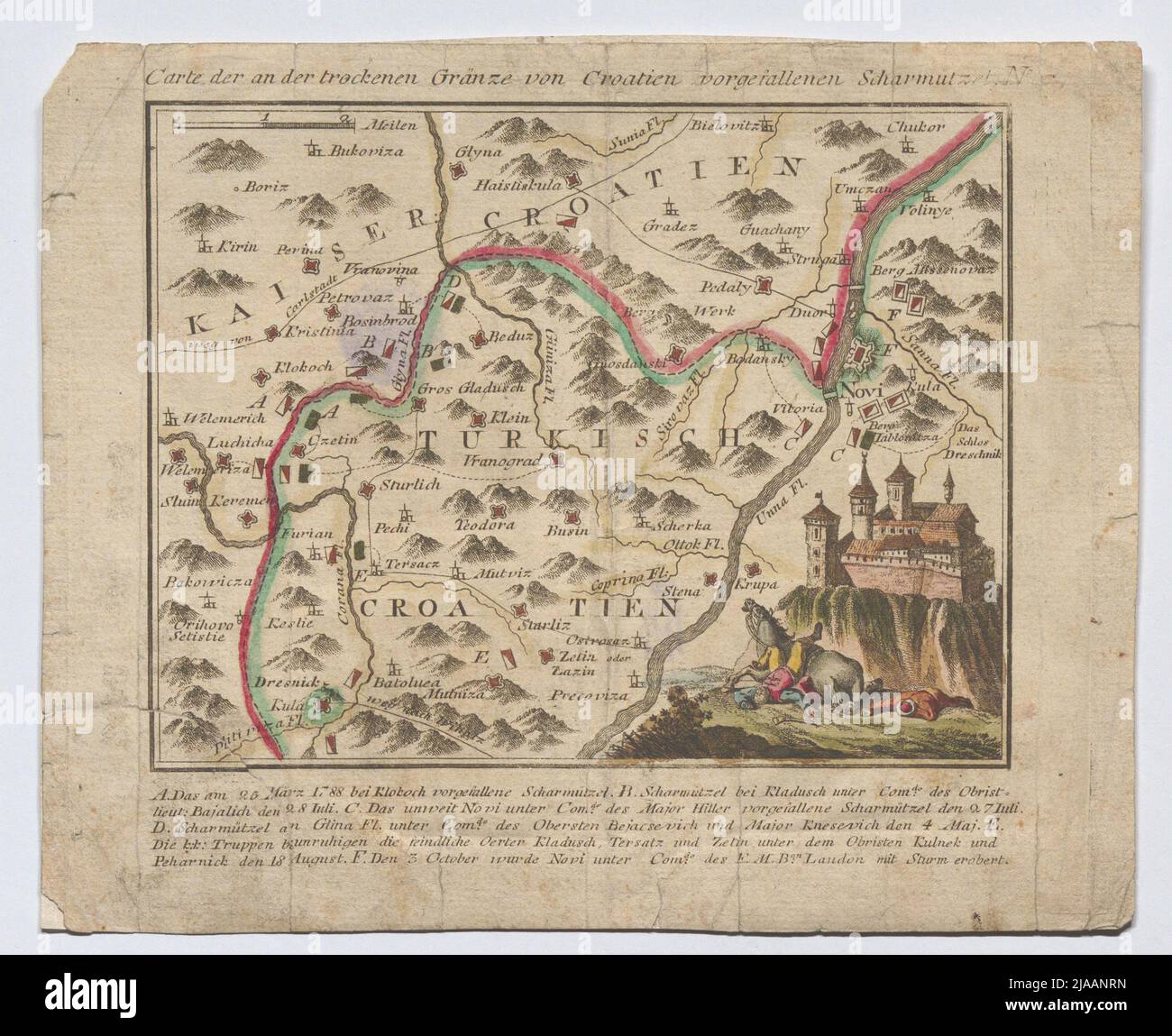 Mappa dei battiscopa caduti sul confine croato nella guerra Austria-Turchia 1788-1790. Sconosciuto Foto Stock