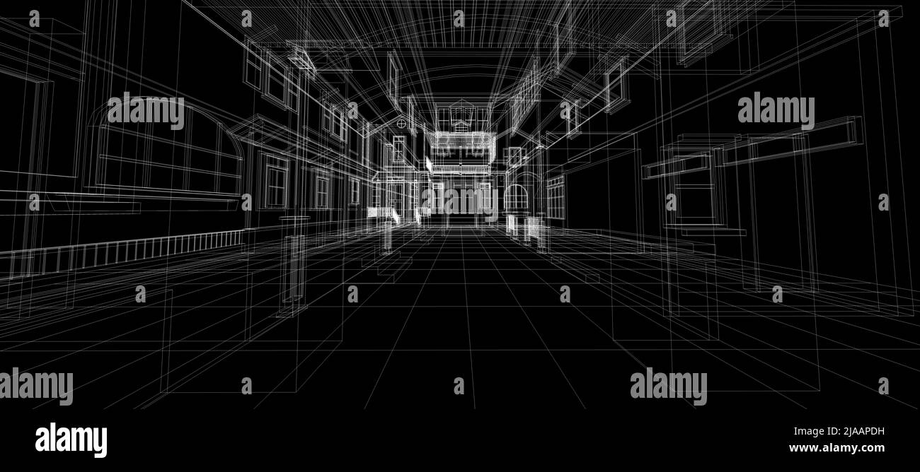 Sistema di automazione intelligente digitale tecnologia intelligente astratto sfondo architettura interni 3D struttura a reticolo su sfondo nero Foto Stock
