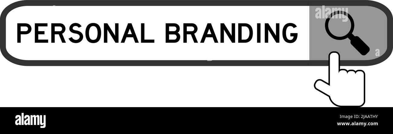 Banner di ricerca in parola personale branding con mano sopra lente di ingrandimento icona su sfondo bianco Illustrazione Vettoriale