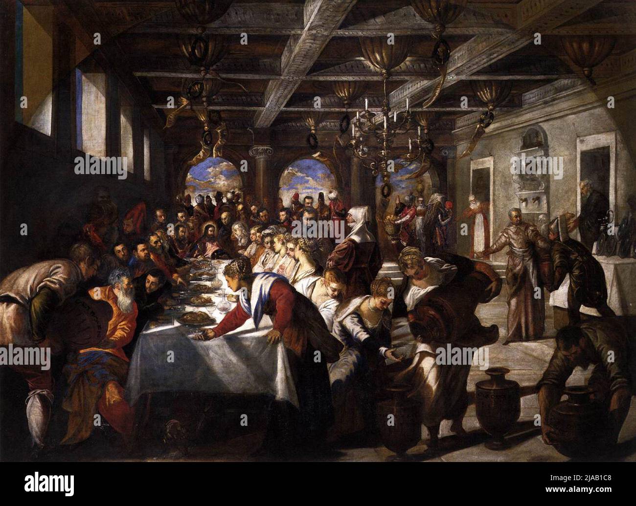 Matrimonio a Cana di Jacopo Tintoretto che fu teatro del primo dei miracoli di Gesù, trasformando l'acqua in vino. Foto Stock