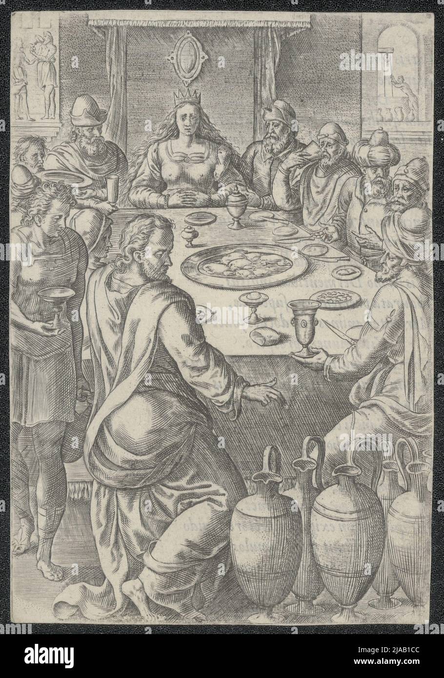 Stampa raffigurante il matrimonio a Cana, che fu teatro del primo dei miracoli di Gesù, trasformando l'acqua in vino. Foto Stock