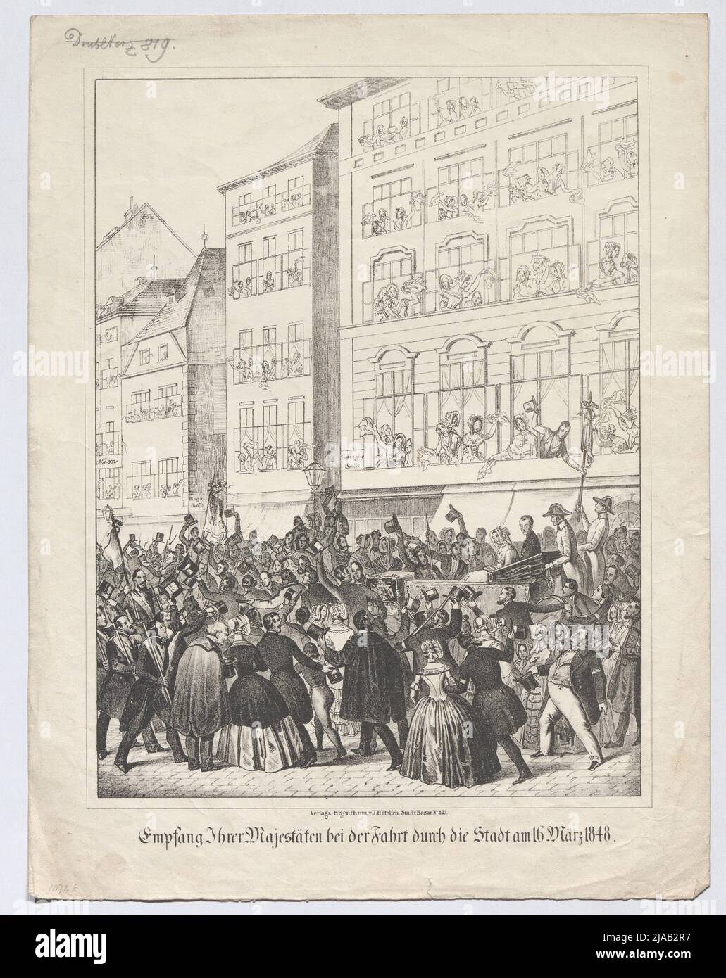 'Accoglienza delle loro maggiori durante la guida attraverso la città il 16 marzo 1848.' (Ferdinando I. e Anna Maria Carolina di fronte al Hochholzerhof, Tuchlauben 5). Johann Höfelich (1796-1849), editore Foto Stock