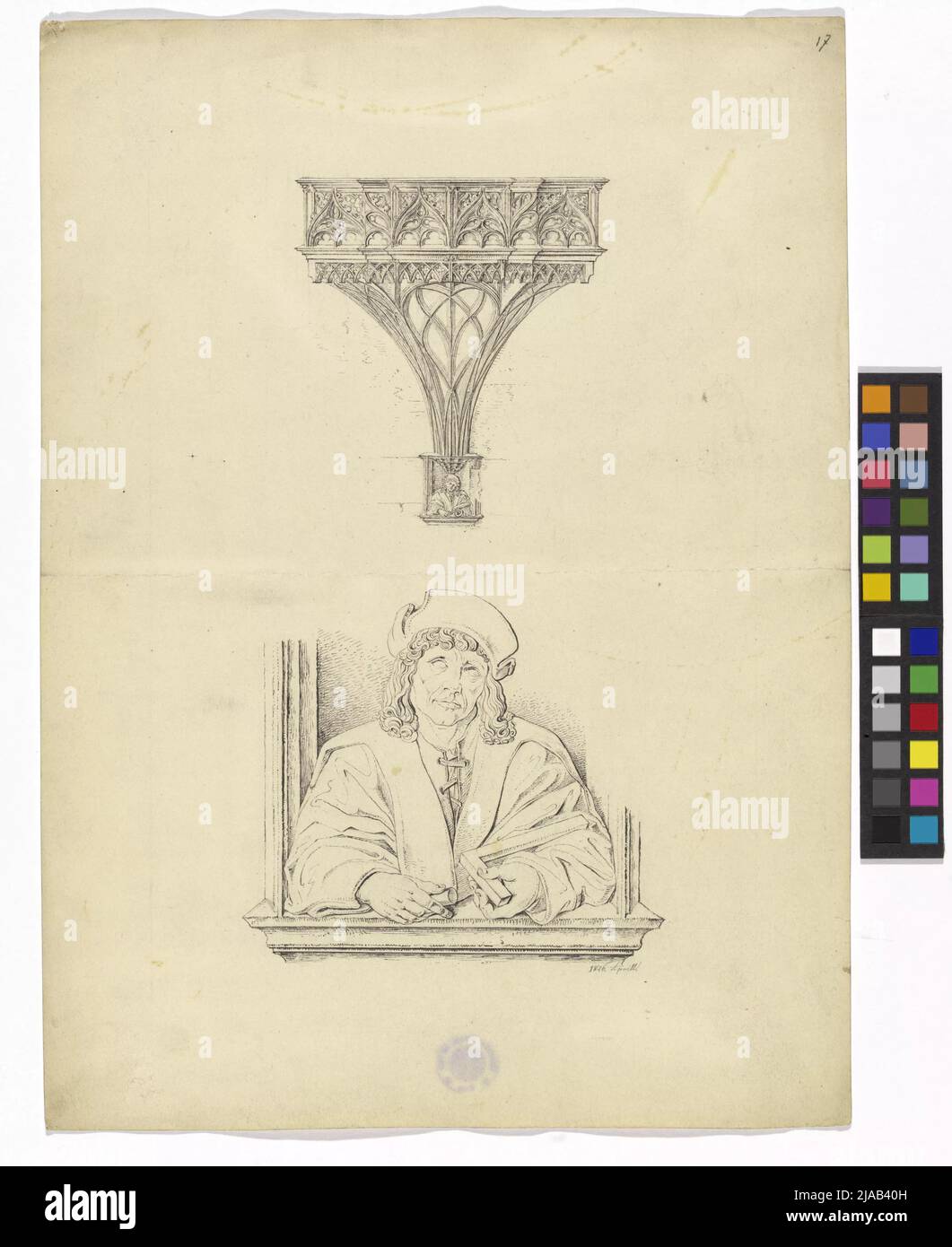 Ref.: 'La Cattedrale di Santo Stefano a Vienna'. Santo Stefano, piede d'organo e busto di Pilgram. Georg Christoph (Christian) Wilder (1797-1855), cassetto Foto Stock