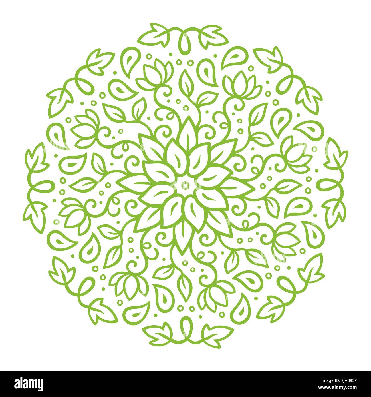 Verde floreale stile mandala ornamento cerchio, bello lacy doodle modello con foglie e fiori. Illustrazione vettoriale isolata. Illustrazione Vettoriale