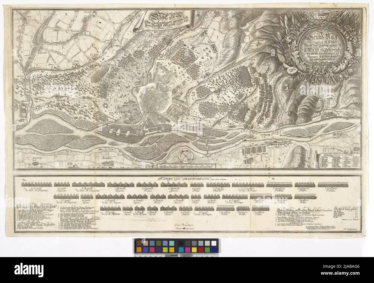 Fundriß e la situazione di Vienna con il disegno della copertura turca e panoramica delle truppe, 1683. Moritz (Mauritius) Bodenhr (1665-1749), Copper Encver, Daniel Suttinger (1640-1690), cartografo Foto Stock