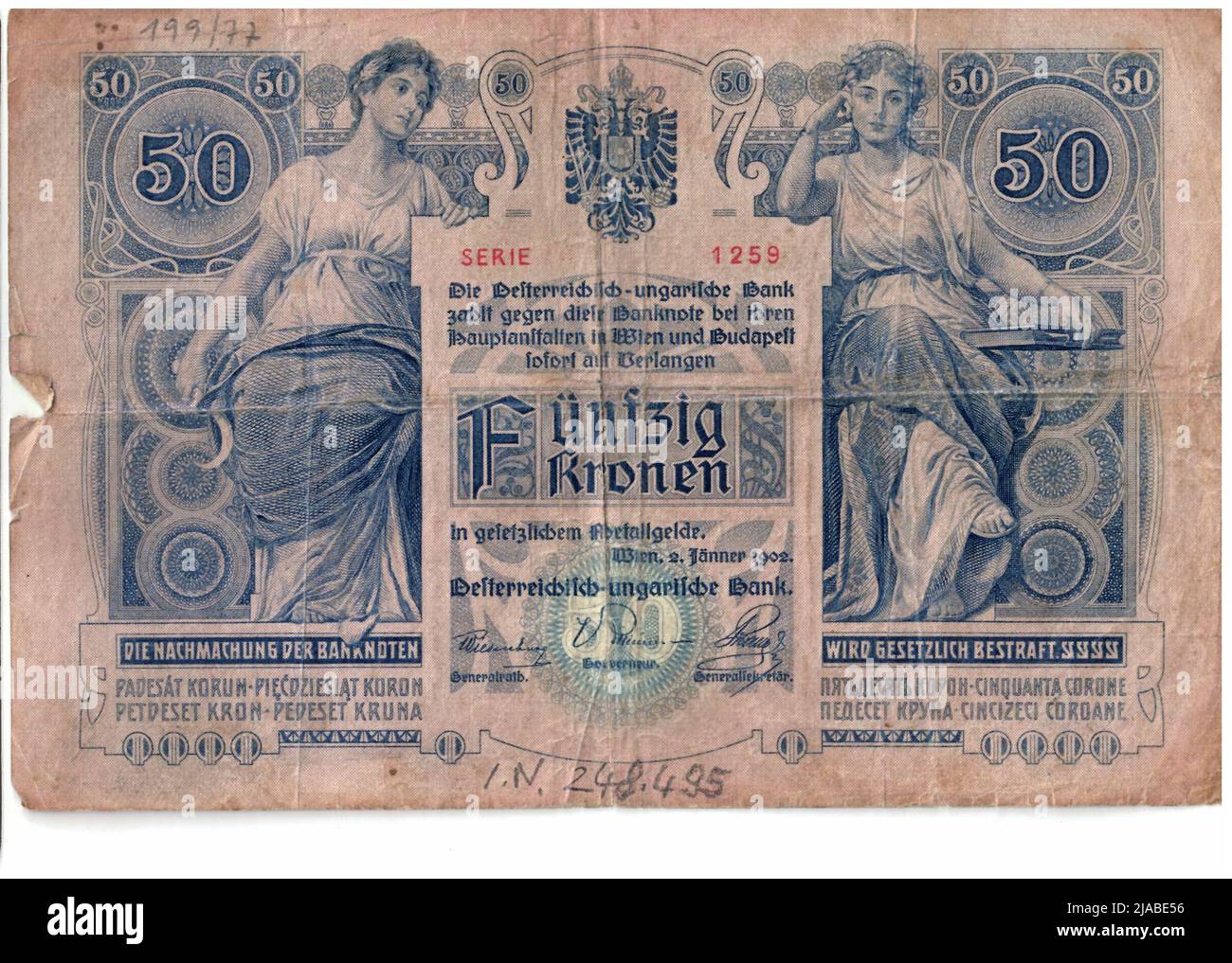 Banconota, 50 corone. Rudolf Rössler (1864-1934), artista, Banca Austriaco-Ungherese, autorità della zecca Foto Stock