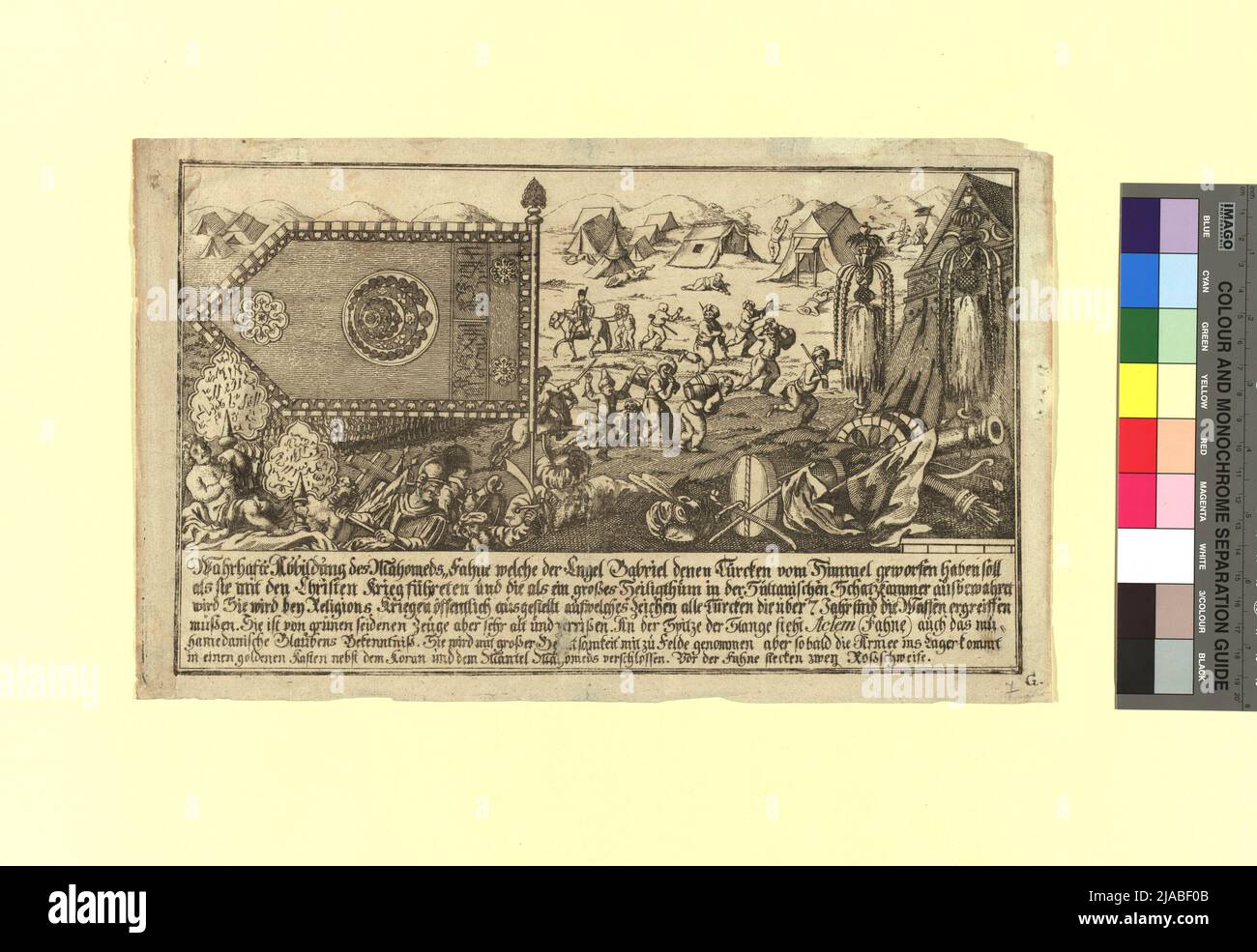 Vera illustrazione della bandiera Mahomedi (...) '. Illustrazione e descrizione di una bandiera ottomana insieme ad altri trofei guerrieri e scene con i prigionieri ottomani. Sconosciuto Foto Stock