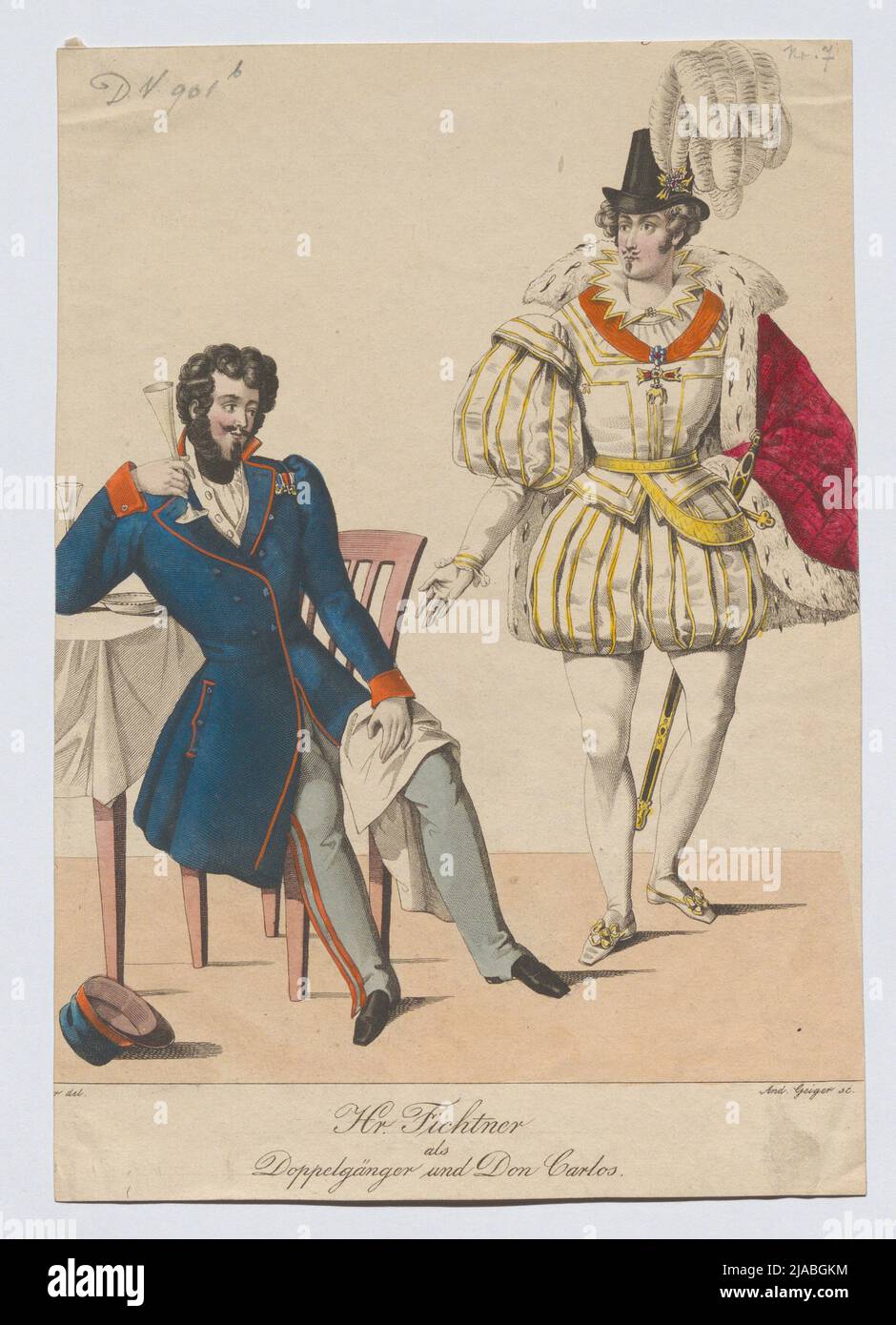 Il sig. Fichtner come drogpelganger e Don Carlos (immagine del costume n° 7 per il giornale del teatro). Andreas Geiger (1765-1856), incisore di rame, dopo: Johann Christian Schoeller (1782-1851), artista Foto Stock